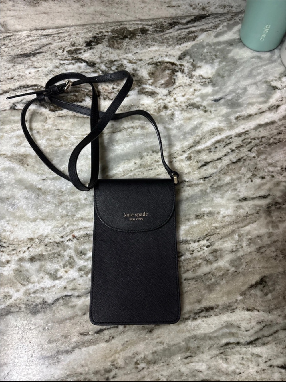 kate spade black Saffiano Leather Crossbody Phone Pouch with Gold Logo